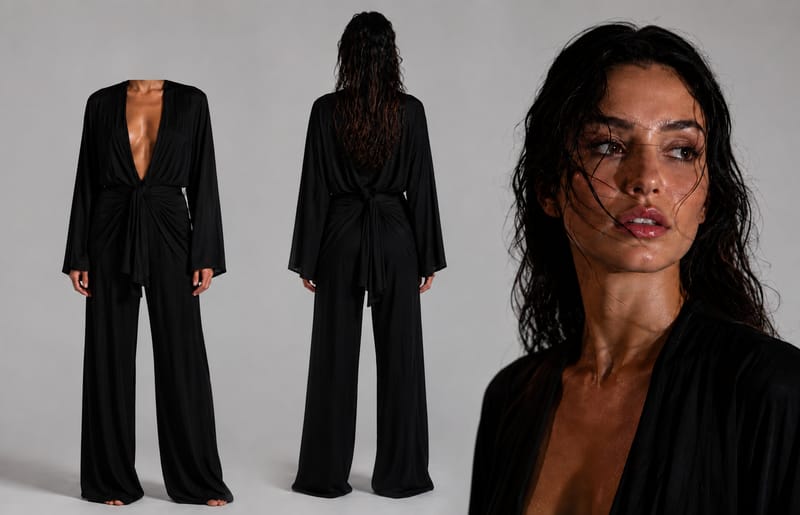 Scheda della modella dello spot Almère: figura intera di fronte e di spalle in un abito nero, e il primo piano del volto.