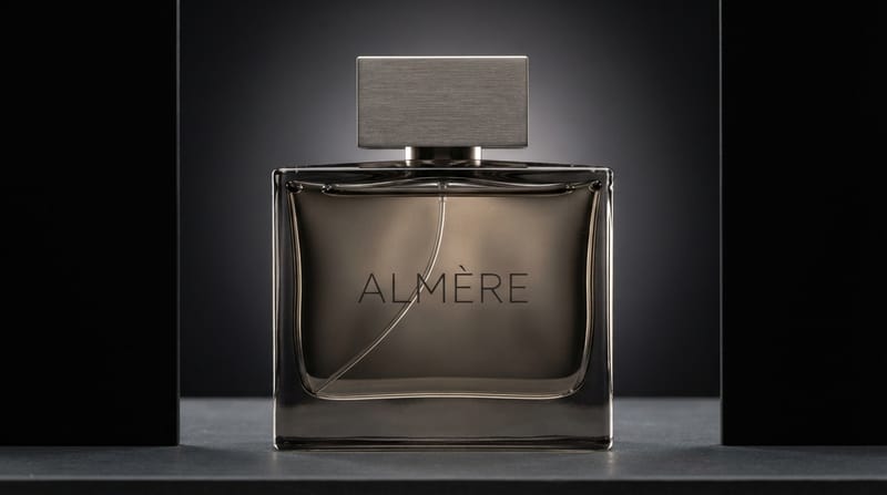 Il flacone di profumo Almère ripreso di fronte, squadrato, col tappo metallico e il nome inciso, fra due quinte nere.